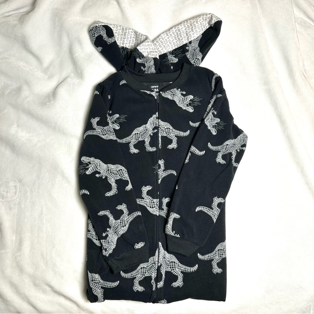 Carter's Dinosaur Print Full Zip 1- Piece Fleece Footie Pajamas. Boys Size 8. - Picture 2 of 7